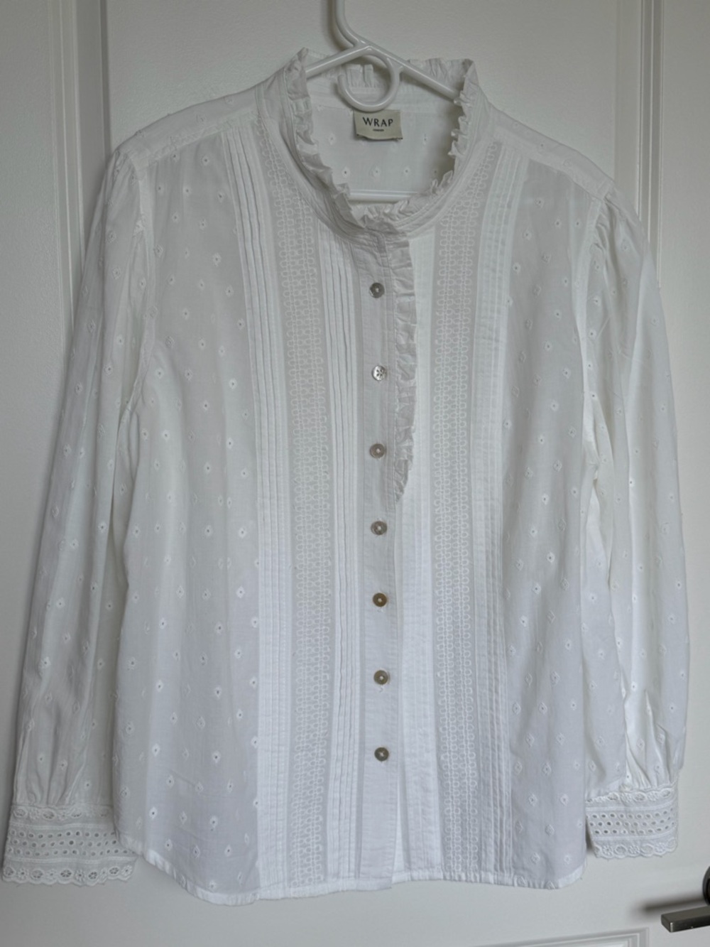 WRAP London White Swiss Dot Ruffle Collar Eyelet Button-Up Blouse